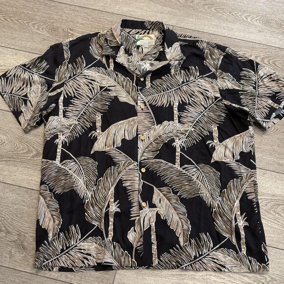 Other - Paradise Found Men's XL Hawaiian Black Tropical Palm Leaves Beach Camp Shirt